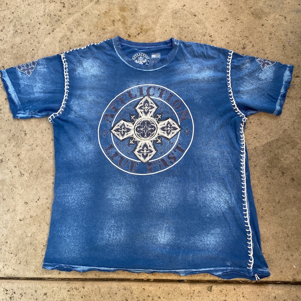Vintage Y2K AFFLICTION LIVE FAST Goth Patchwork Shirt Navy 3XL